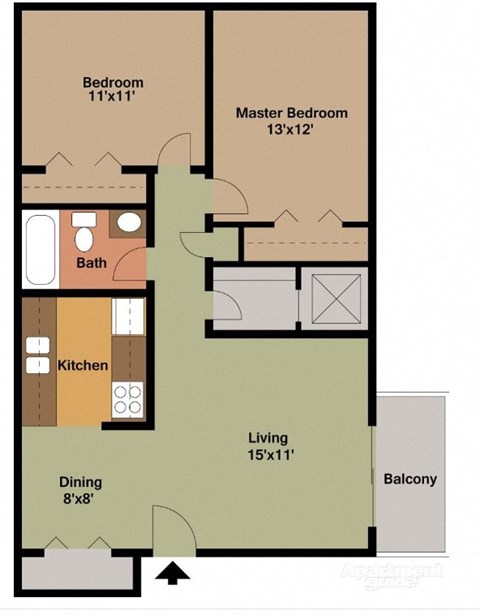 Floor plan for 2 beds, 1 bath, 880 sqft